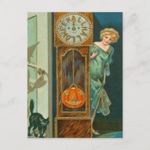 Carte Postale Grand-père Horloge noir Chat sorcier Citrouille