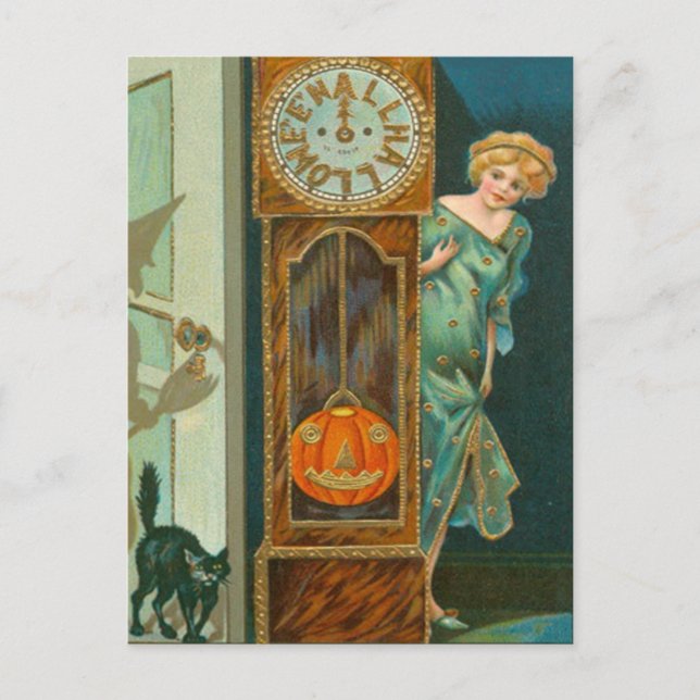 Carte Postale Grand-père Horloge noir Chat sorcier Citrouille (Devant)
