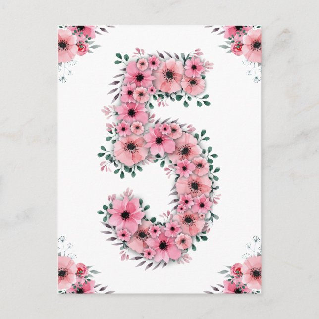 Carte Postale Grande 5e Anniversaire Fleurs Roses Fille Feuillag (Devant)