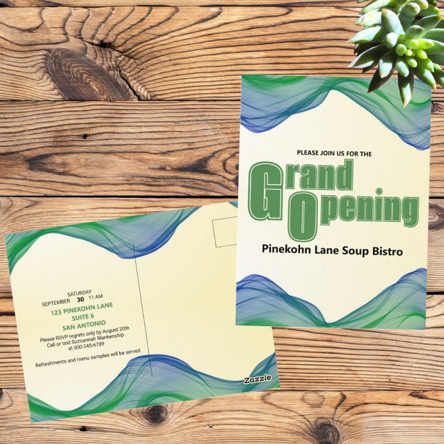 Carte Postale Grande ouverture Bleu Vert Bordure Aquarelle Vague (front and back template postcard grand opening announcement)