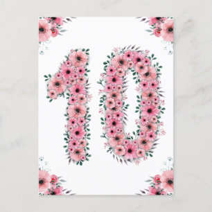 Carte Postale Grands Fleurs Roses Fille Feuillage Vert 10e Anniv