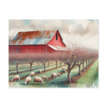 Grange rouge et verger de pistaches