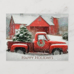 Carte Postale Grange rouge, paysage neigeux et arbre festif