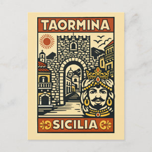 Carte Postale Gravure sur bois Rouge Jaune Taormine Sicile Porte