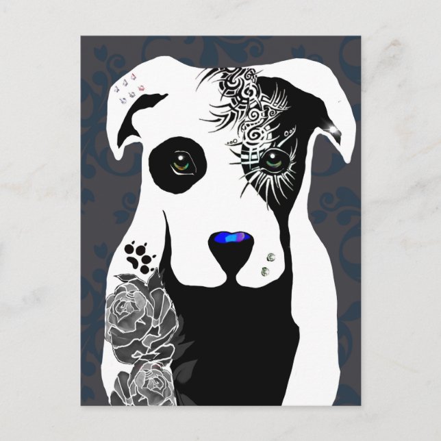 Carte Postale Gray Pit bull dog tattoos and piercing rose (Devant)