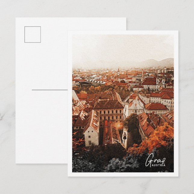 Carte Postale Graz Autriche Beau paysage de crayon couleur (Devant / Derrière)