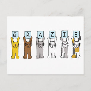 Carte Postale Grazie Merci en chats caricaturés italiens