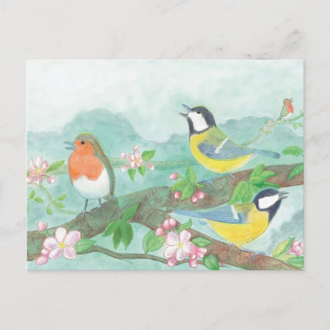 Carte Postale Great Tit Birds chantant sur un arbre en fleurs (Devant)