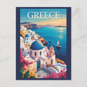 Carte Postale Grèce Santorin Illustration Voyage Art Vintage