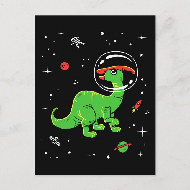 Carte Postale Green and Red Parasaurolophus Dinos In Space (Devant)