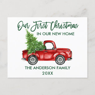 Carte Postale Green Brush Script First Christmas New Home Truck
