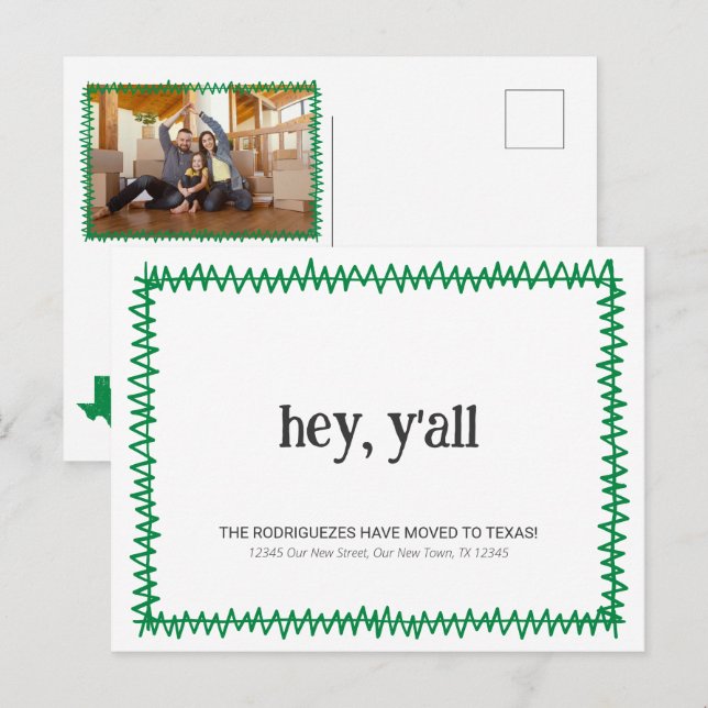 Carte Postale Green Hey Y'all - Déménagé au Texas (Devant / Derrière)