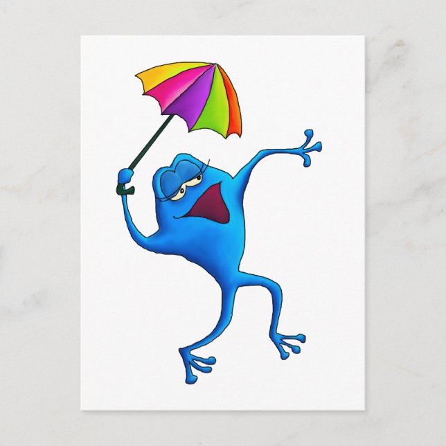 Carte Postale Grenouille à chant bleu avec parapluie (Devant)