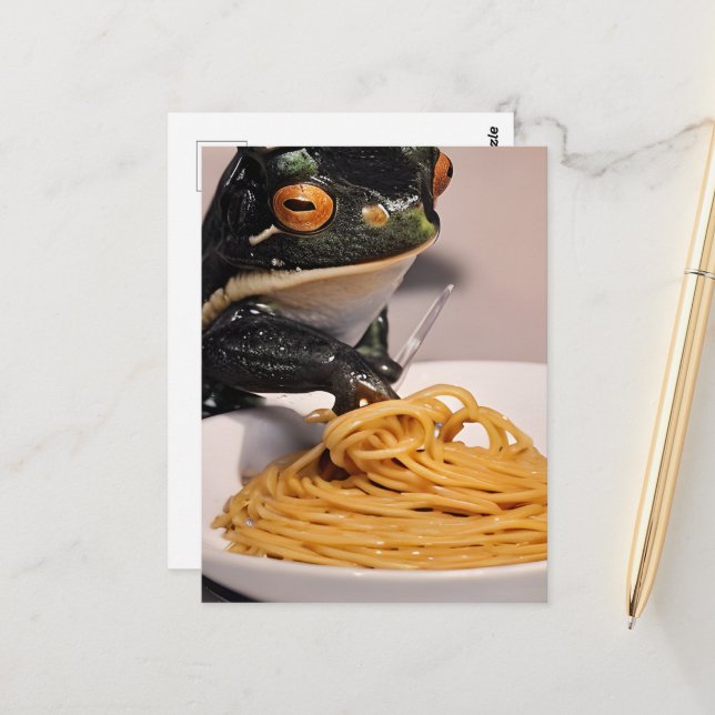 Carte Postale Grenouille adorable avec Spagetti (Devant/Arrière en situation)