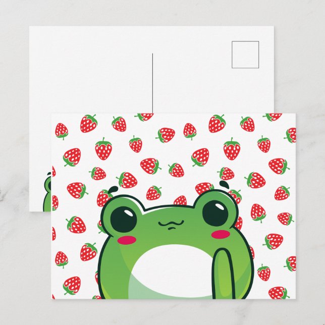 Carte postale Grenouille aux fraises Kawaii (Devant / Derrière)