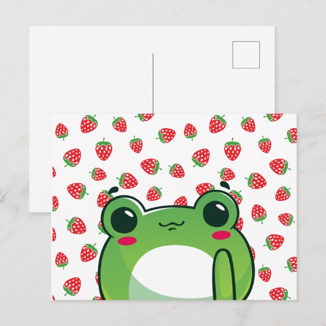 Carte postale Grenouille aux fraises Kawaii (Devant / Derrière)