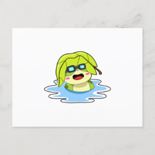 Carte Postale Grenouille avec feuille à la nage
