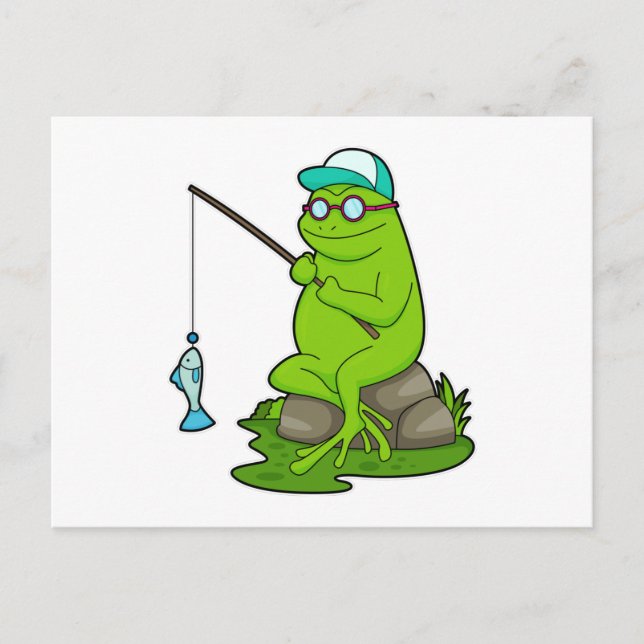 Carte Postale Grenouille en pêcheur avec canne à pêche et poisso (Devant)