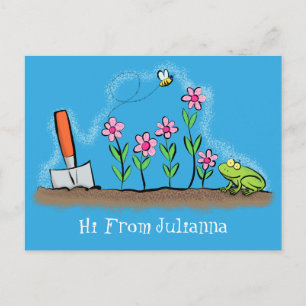 Carte Postale Grenouille mignonne et abeille dans le jardin dess