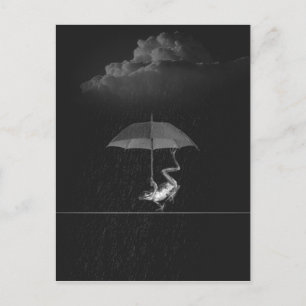 Carte Postale Grenouille noire et blanche avec parapluie en plui
