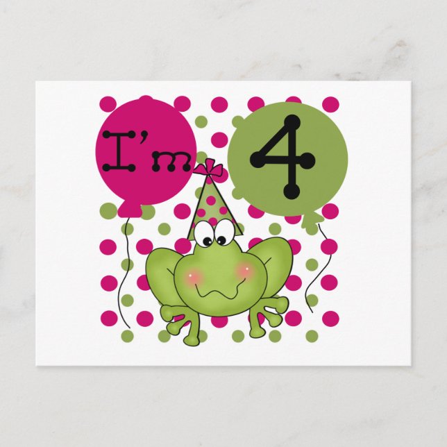 Carte Postale Grenouille rose 4e anniversaire Tshirts et cadeaux (Devant)