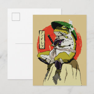 Carte Postale Grenouille samouraï avec esthétique de soleil roug