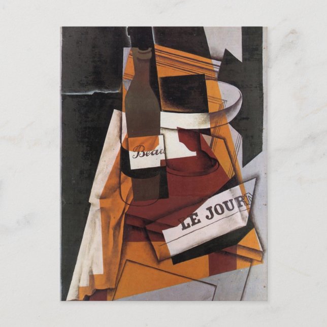 Carte Postale Gris - Bouteille, journal et bol de fruits (Devant)