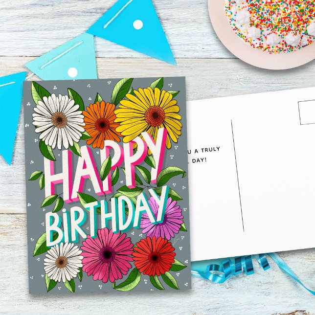 Carte Postale Gris Coloré Floral Personnalisé Joyeux Anniversair (Créateur téléchargé)