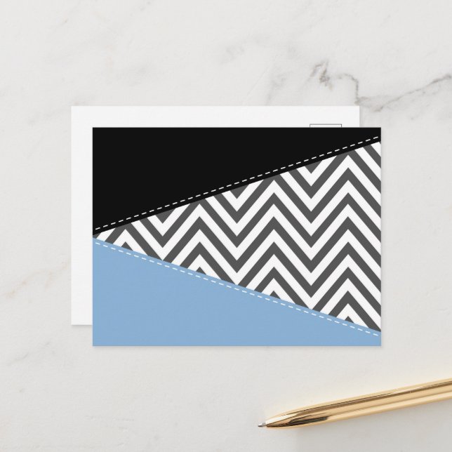 Carte Postale Gris Zigzag, Gris Chevron, Motif Zigzag, Bleu (Devant/Arrière en situation)