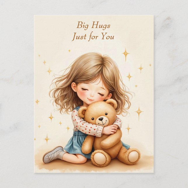 Carte Postale Gros câlins mignonne fille serrant teddy papier ou (Devant)