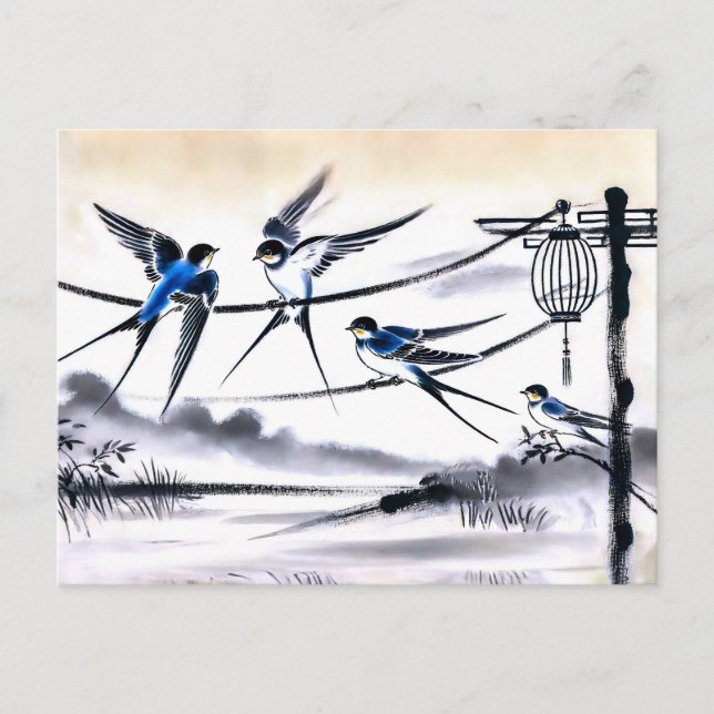 Carte Postale Groupe de rassemblement d'hirondelles sur une lign (Devant)
