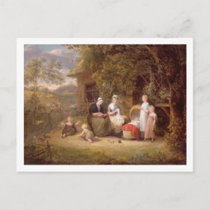 Carte Postale Groupe familial devant un chalet à chaume (huile s