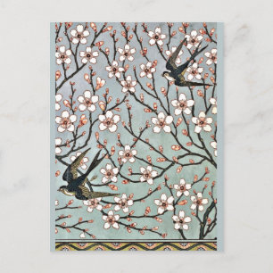 Carte Postale Grue - Fleurs d'amandes et hirondelles