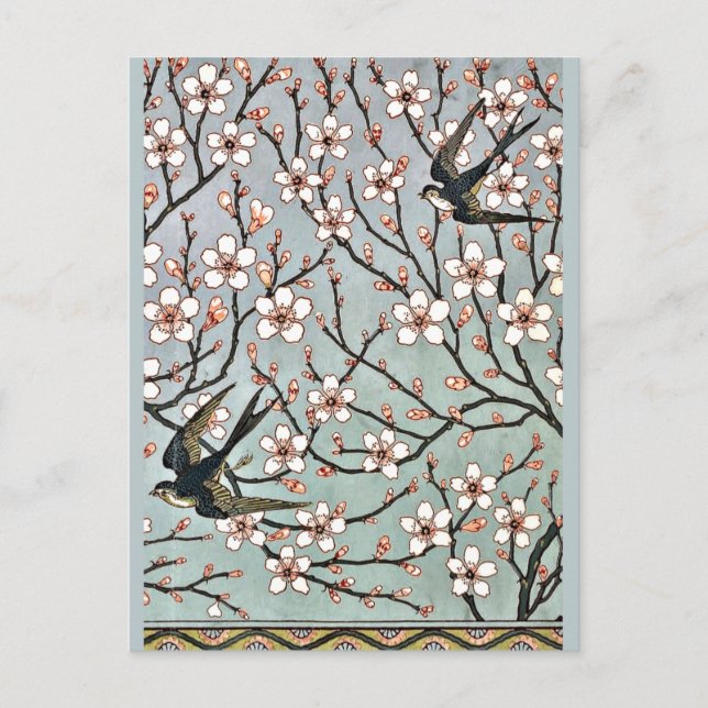 Carte Postale Grue - Fleurs d'amandes et hirondelles (Devant)