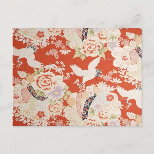 Carte Postale Grue japonaise Rouge Kimono Motif Sakura Flowers (Devant)