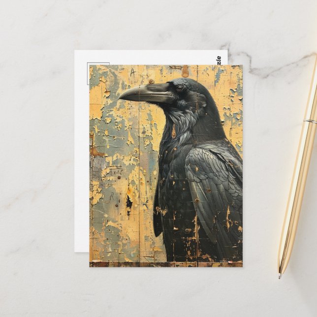 Carte Postale Grunge de corbeau Cracké Peeling Peinture (Devant/Arrière en situation)