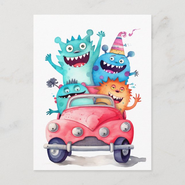 Carte Postale Gruppe lustiger Monster fährt mit dem Auto. Urlaub (Devant)
