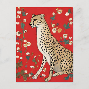 Carte Postale Guépard sur fond rouge avec des fleurs