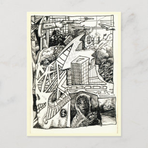 Carte Postale " Guerre moderne ", dessin à encre