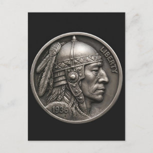 Carte Postale Guerrier. Hobo Nickel 1936 Pièce Nickel Buffalo