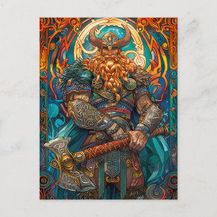 Carte Postale Guerrier Viking Vibrant avec Hache Mythologie Nord