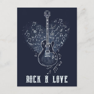 Carte Postale Guitare Électrique avec Cœur et Notes de Musique