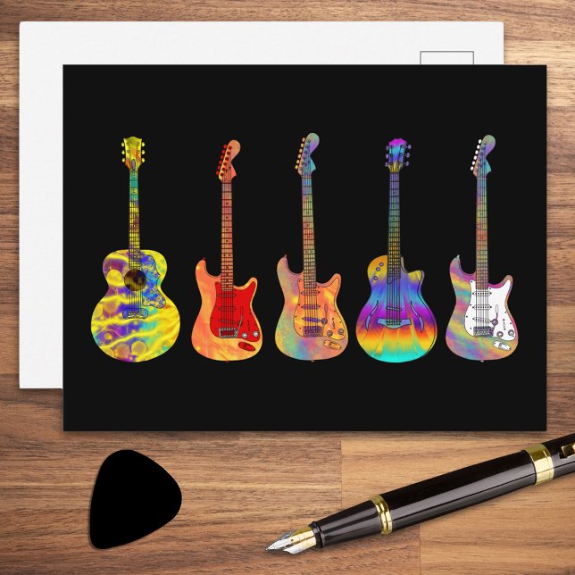 Carte Postale Guitares Acoustiques Électriques Psychedéliques (Colorful psychedelic guitars on black postcard)
