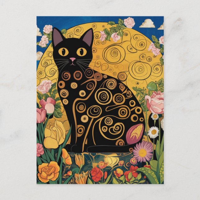 Carte Postale Gustav Klimt Chat Floral Noir, Art Éclectique Mode (Devant)
