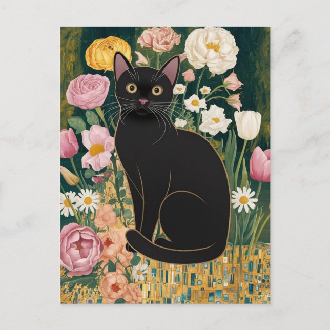 Carte Postale Gustav Klimt Chat noir dans un jardin de fleurs, A (Devant)