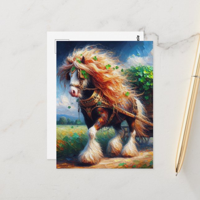 Carte Postale Gypsy Vanner tirer une cargaison de Shamrocks (Devant/Arrière en situation)