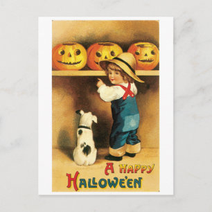 Carte Postale Halloween à l'ancienne, garçon avec chiot