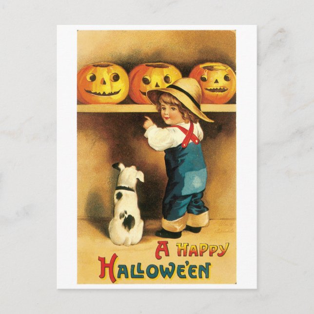 Carte Postale Halloween à l'ancienne, garçon avec chiot (Devant)