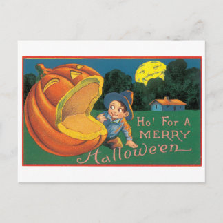 Carte Postale Halloween à l'ancienne, garçon avec Jack-o-lantern
