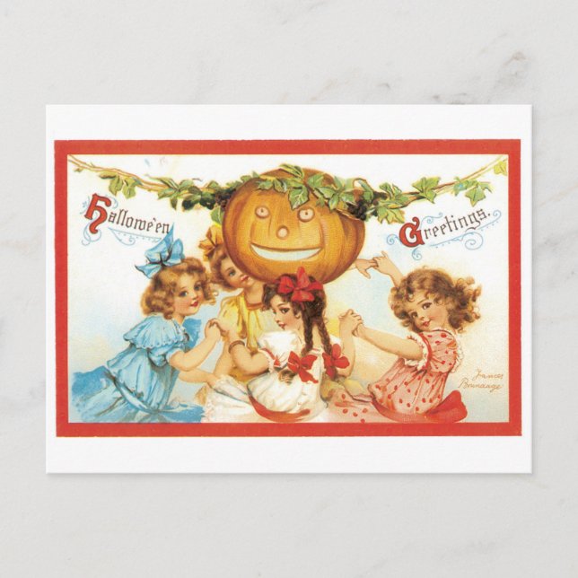 Carte Postale Halloween à l'ancienne, les filles avec Citrouille (Devant)